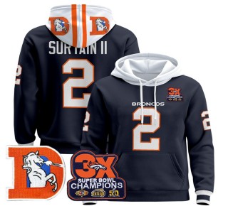 Men's Denver Broncos #2 Patrick Surtain II Navy Throwback Premium Pullover Hoodie 3X Super Bowl Pacth - All Stitched