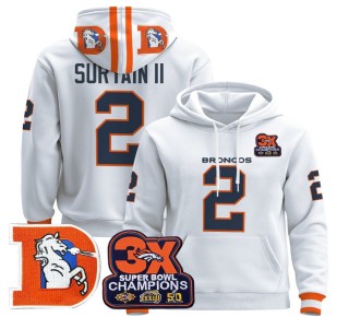 Men's Denver Broncos #2 Patrick Surtain II White Throwback Premium Pullover Hoodie 3X Super Bowl Pacth - All Stitched