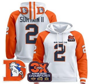 Men's Denver Broncos #2 Patrick Surtain II Orange Sleeves Throwback Premium Pullover Hoodie 3X Super Bowl Pacth - All Stitched