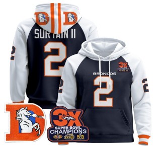 Men's Denver Broncos #2 Patrick Surtain II Navy Alternate Throwback Premium Pullover Hoodie 3X Super Bowl Pacth - All Stitched