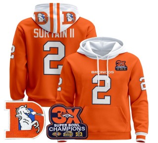Men's Denver Broncos #2 Patrick Surtain II Orange Throwback Premium Pullover Hoodie 3X Super Bowl Pacth - All Stitched