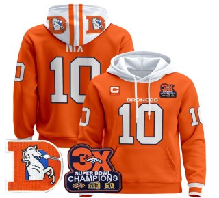 Men's Denver Broncos #10 Bo Nix Orange Throwback Premium Pullover Hoodie 3X Super Bowl Pacth - All Stitched