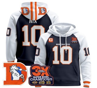 Men's Denver Broncos #10 Bo Nix Navy Alternate Throwback Premium Pullover Hoodie 3X Super Bowl Pacth - All Stitched