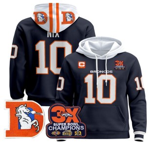 Men's Denver Broncos #10 Bo Nix Navy Throwback Premium Pullover Hoodie 3X Super Bowl Pacth - All Stitched