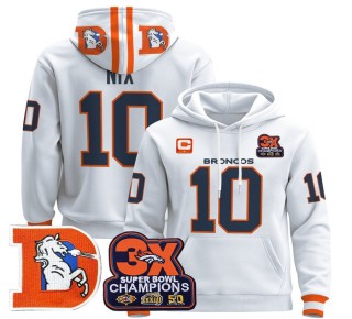 Men's Denver Broncos #10 Bo Nix White Throwback Premium Pullover Hoodie 3X Super Bowl Pacth - All Stitched
