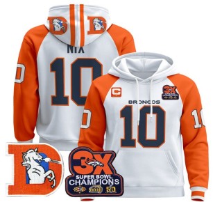 Men's Denver Broncos #10 Bo Nix Orange Sleeves Throwback Premium Pullover Hoodie 3X Super Bowl Pacth - All Stitched