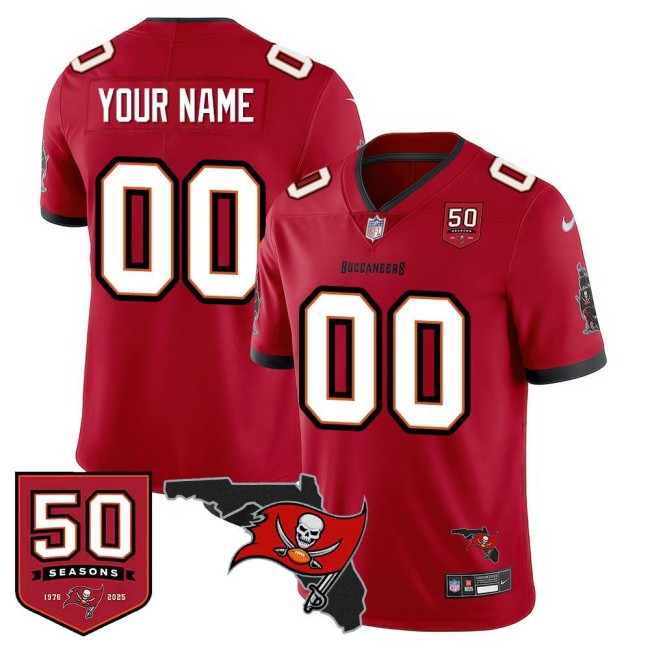 TB Buccaneers Custom Red Vapor Untouchable Limited Stitched NFL Jersey - 50th Seasons & FL State Map Patch