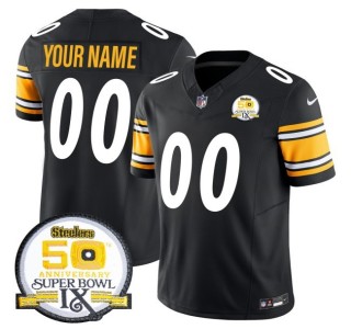 Youth Steelers Custom Black Nike FUSE Vapor Limited NFL Jersey - 50th Anniversary Of Super Bowl IX Patch