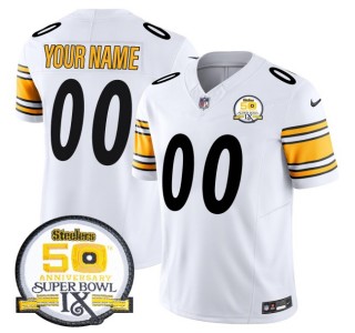 Youth Steelers Custom White Nike FUSE Vapor Limited NFL Jersey - 50th Anniversary Of Super Bowl IX Patch