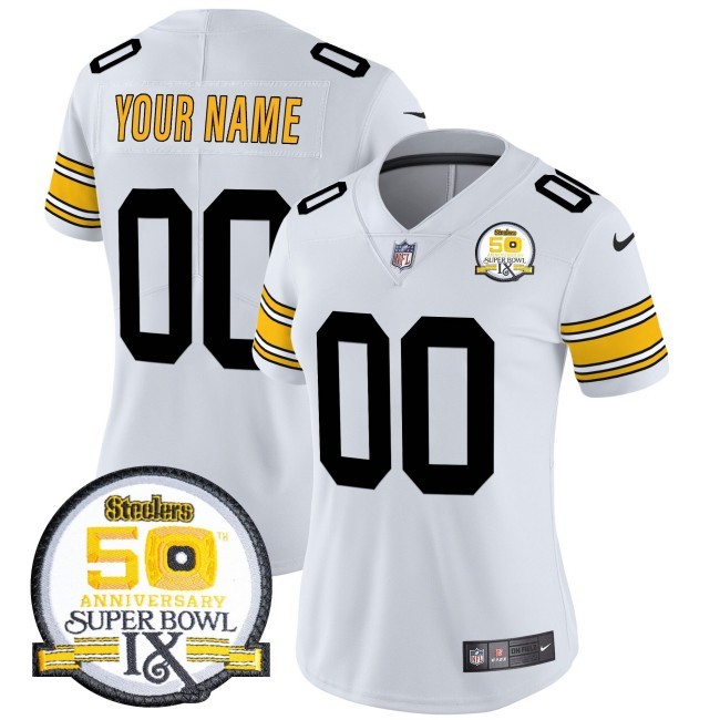 Women's Steelers Custom 1975 White Nike FUSE Vapor Limited NFL Jersey - 50th Anniversary Of Super Bowl IX Patch