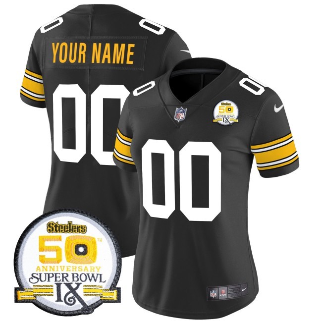 Women's Steelers Custom 1975 Black Nike FUSE Vapor Limited NFL Jersey - 50th Anniversary Of Super Bowl IX Patch