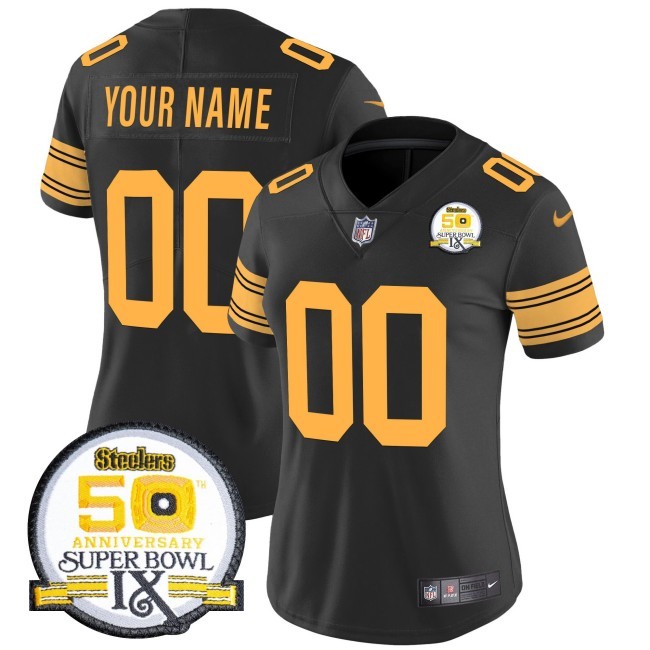 Women's Steelers Custom Color Rush Nike FUSE Vapor Limited NFL Jersey - 50th Anniversary Of Super Bowl IX Patch