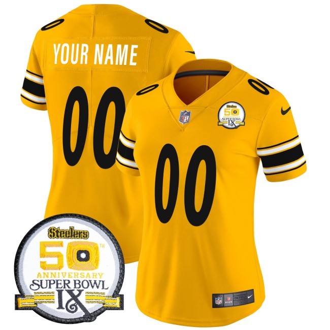 Women's Steelers Custom Gold Nike FUSE Vapor Limited NFL Jersey - 50th Anniversary Of Super Bowl IX Patch