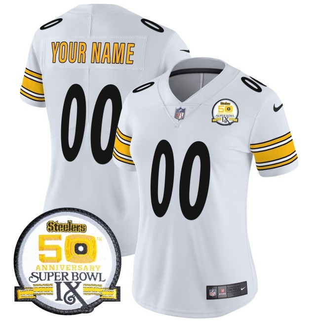Women's Steelers Custom White Nike FUSE Vapor Limited NFL Jersey - 50th Anniversary Of Super Bowl IX Patch