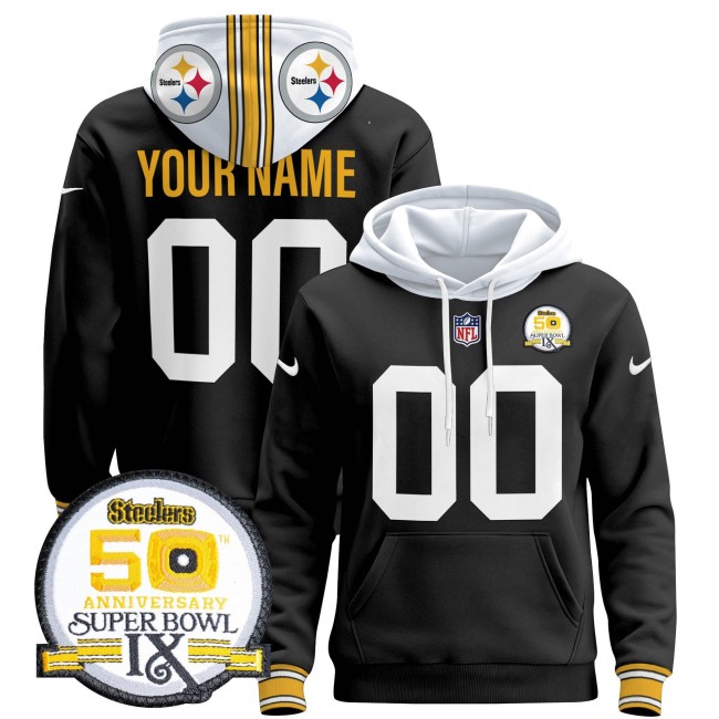 Custom Steelers Nike 2024 NFL Pullover Hoodie 1975 Throwback Black - 50th Anniversary Of Super Bowl IX Patch