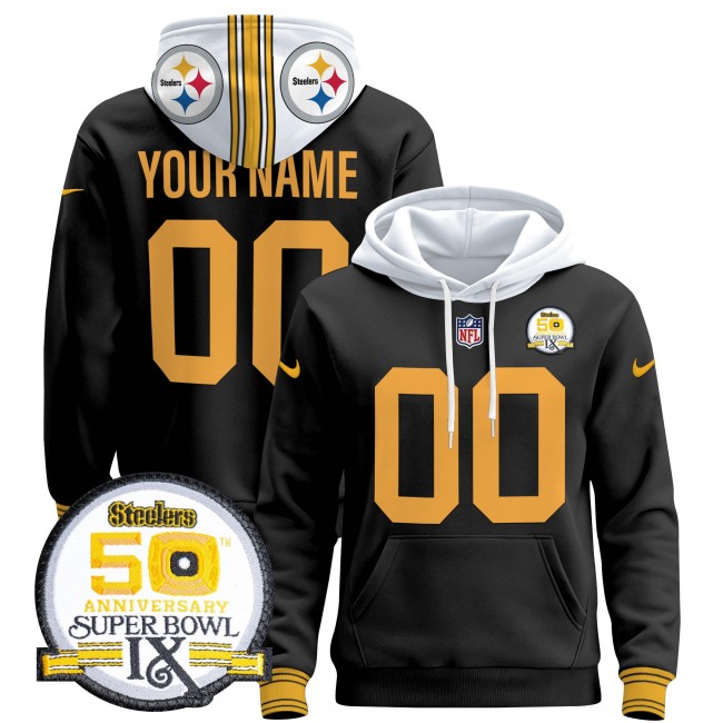 Custom Steelers Nike 2024 NFL Pullover Hoodie Color Rush Black - 50th Anniversary Of Super Bowl IX Patch