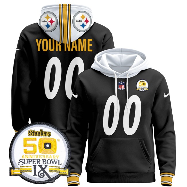 Custom Steelers Nike 2024 NFL Pullover Hoodie Black - 50th Anniversary Of Super Bowl IX Patch