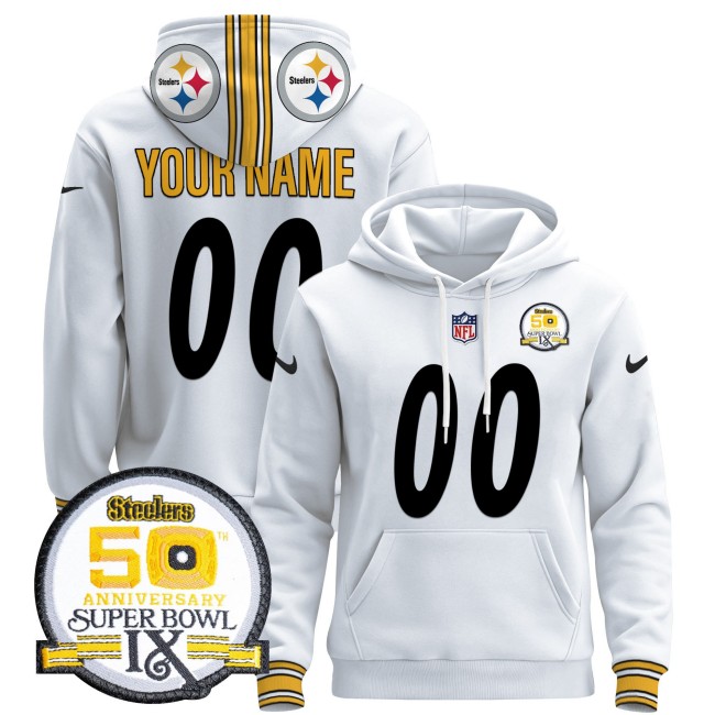 Custom Steelers Nike 2024 NFL Pullover Hoodie White - 50th Anniversary Of Super Bowl IX Patch