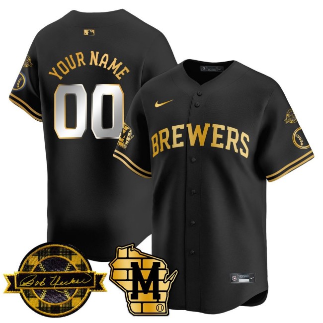 Milwaukee Brewers Custom Gold Black 2025 Nike Bob Uecker Patch Vapor Limited Stitched MLB Jersey