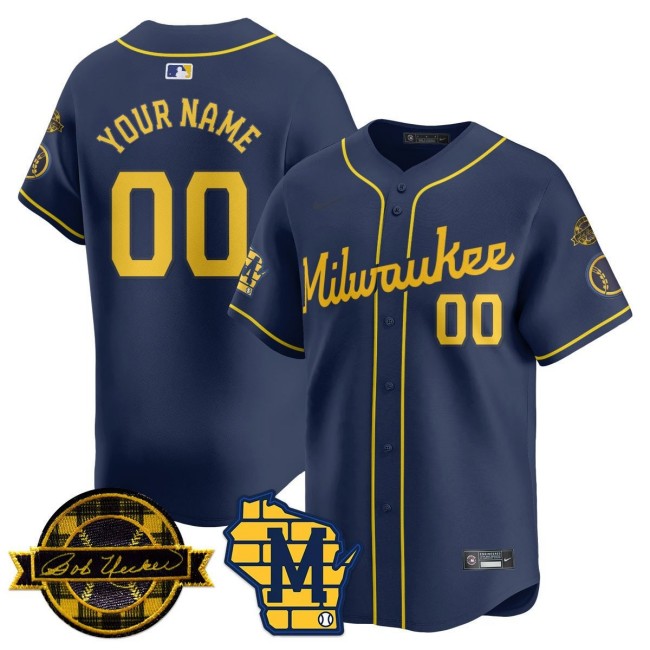 Milwaukee Brewers Custom Navy 2025 Nike Bob Uecker Patch Vapor Limited Stitched MLB Jersey