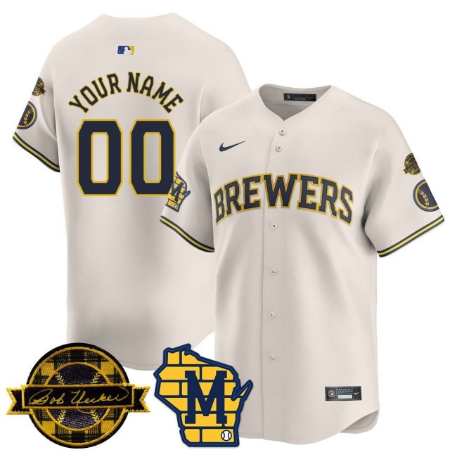 Milwaukee Brewers Custom Cream 2025 Nike Bob Uecker Patch Vapor Limited Stitched MLB Jersey
