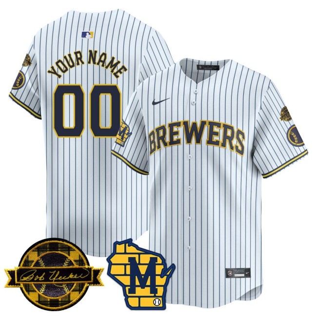 Milwaukee Brewers Custom White 2025 Nike Bob Uecker Patch Vapor Limited Stitched MLB Jersey