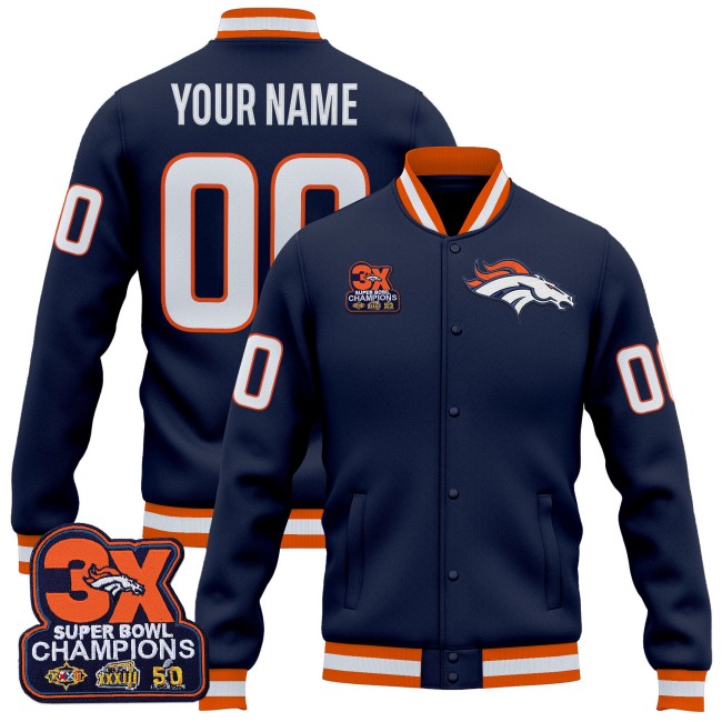 Denver Broncos Custom Navy 2025 3-Time SB Champions Patch Premium Jacket - All Stitched