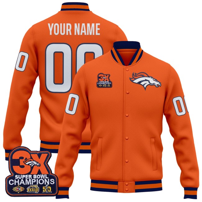 Denver Broncos Custom Orange 2025 3-Time SB Champions Patch Premium Jacket - All Stitched