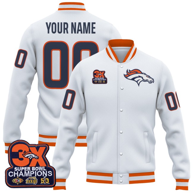 Denver Broncos Custom White 2025 3-Time SB Champions Patch Premium Jacket - All Stitched