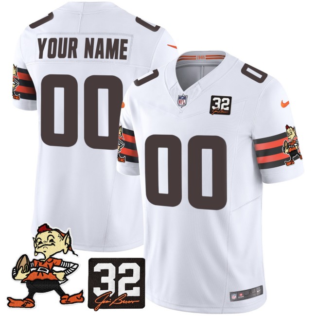 Custom Nike Browns Throwback White FUSE Vapor Limited Stitched NFL Jersey With 32 Jim Brown Memorial Patch