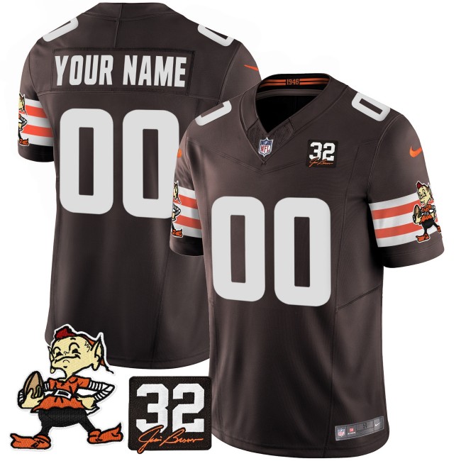 Custom Nike Browns Throwback Brown FUSE Vapor Limited Stitched NFL Jersey With 32 Jim Brown Memorial Patch