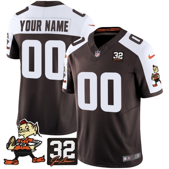 Custom Nike Browns Throwback Brown White FUSE Vapor Limited Stitched NFL Jersey With 32 Jim Brown Memorial Patch