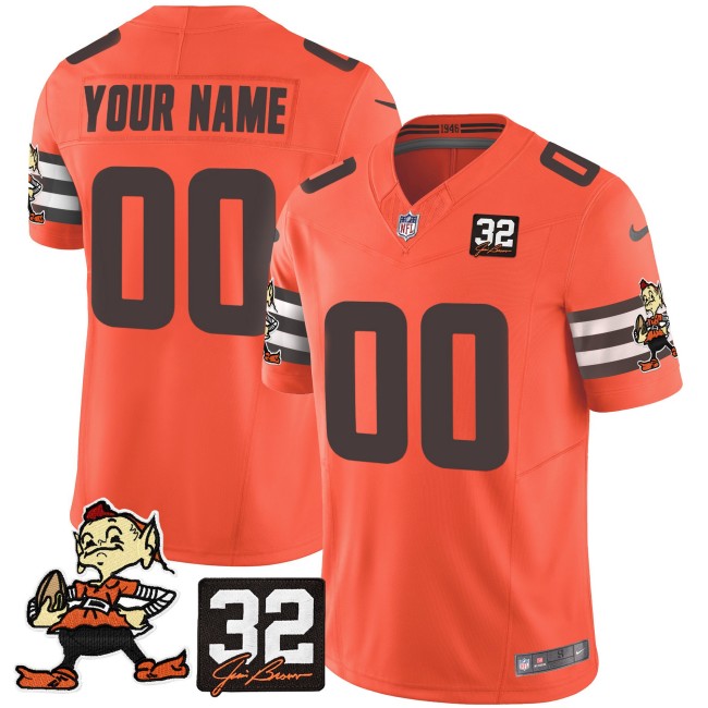 Custom Nike Browns Throwback Orange FUSE Vapor Limited Stitched NFL Jersey With 32 Jim Brown Memorial Patch