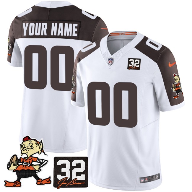 Custom Nike Browns Throwback Inverted FUSE Vapor Limited Stitched NFL Jersey White Brown With 32 Jim Brown Memorial Patch