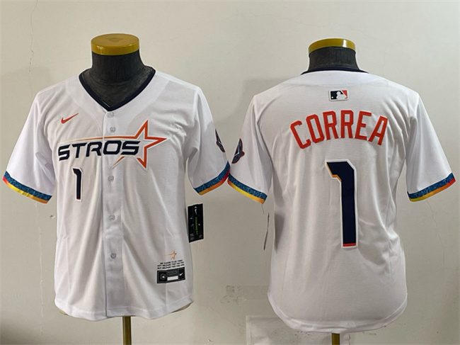 Youth Houston Astros #1 Carlos Correa White 2025 City Connect Limited Stitched Baseball Jersey