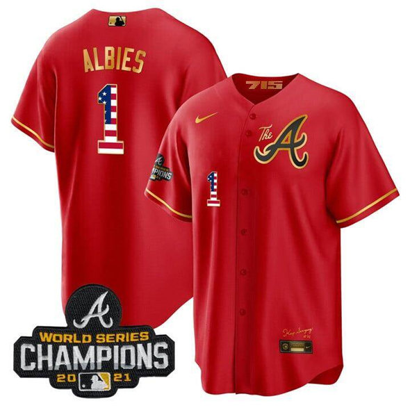 Youth Atlanta Braves #1 Ozzie Albies The A Gold Flag Red Gold With 2021 World Series Champions Patch Stitched Baseball Jersey