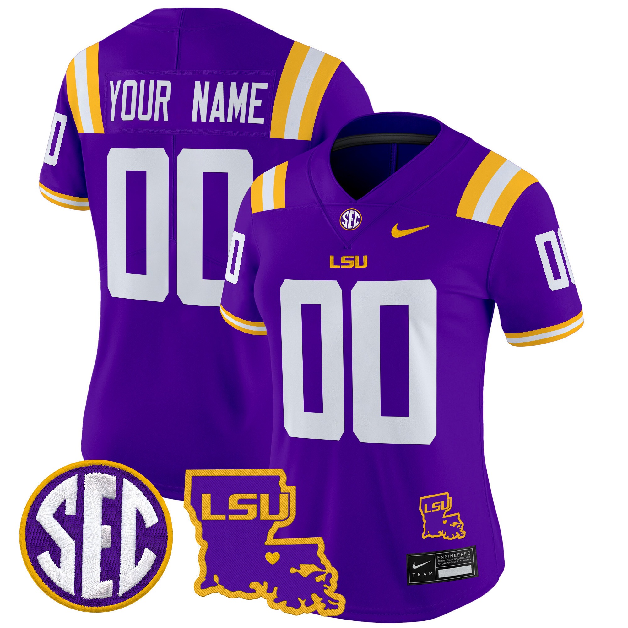 Women's LSU Tigers Custom Purple 2025 Nike LA State Map Patch Vapor Limited Football Jersey