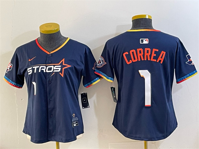Youth Houston Astros #1 Carlos Correa Navy 2025 City Connect With Texas Patch Limited Stitched Baseball Jersey