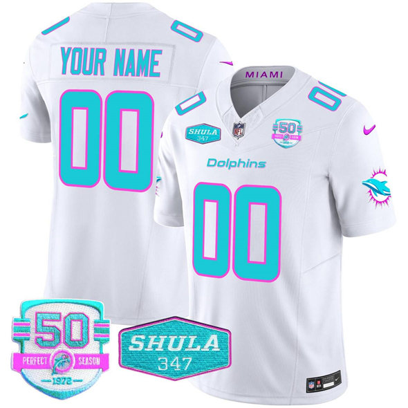 Men's Miami Dolphins Custom White F.U.S.E. 'Miami Vice' With 347 Shula Patch And 50th Perfect Season Patch Vapor Limited Stitched Football Jersey