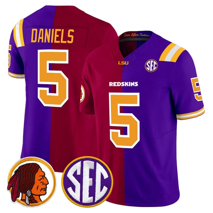 Men's Washington Redskins #5 Jayden Daniels LSU Split Vapor Limited Stitched Jersey