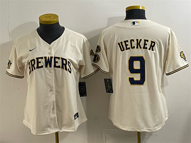 Women's Milwaukee Brewers #9 Bob Uecker Cream With Home & Bob Uecker Patch Stitched Jersey(Run Small)