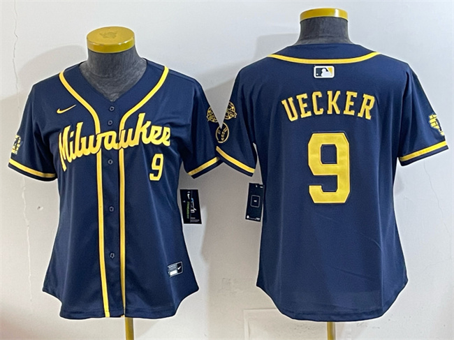 Women's Milwaukee Brewers #9 Bob Uecker Navy With Home & Bob Uecker Patch Limited Stitched Jersey(Run Small)