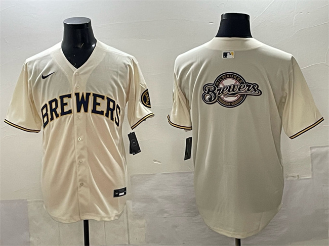 Men's Milwaukee Brewers Team Big Logo Cream Home Limited Stitched Jersey Men's Milwaukee Brewers Team Big Logo Cream Home Limited Stitched Jersey