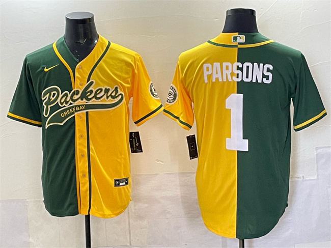 Men's Green Bay Packers #1 Micah Parsons Green_Gold Split Cool Base Stitched Baseball Jersey