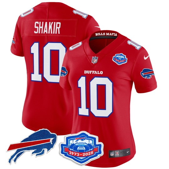 Women's Buffalo Bills #10 Khalil Shakir Red Rivalries Farewell Season Patch 2025 Vapor Limited Stitched Jersey