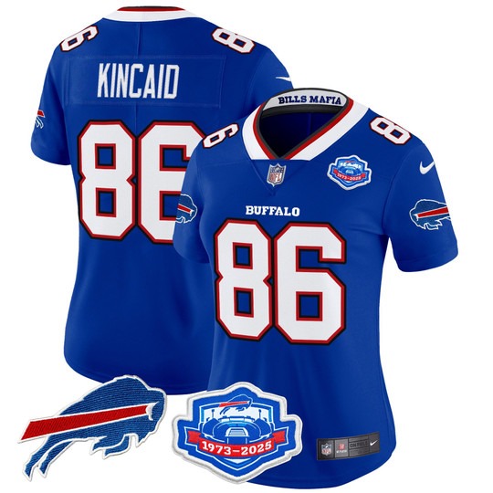 Women's Buffalo Bills #86 Dalton Kincaid Royal Rivalries Farewell Season Patch 2025 Vapor Limited Stitched Jersey