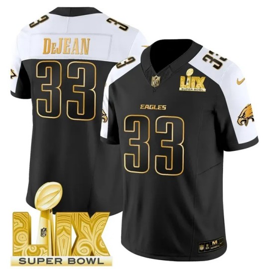 Men's Eagles #33 Cooper DeJean Black White Gold 2025 Super Bowl LIX Patch F.U.S.E. Vapor Limited Stitched Jersey