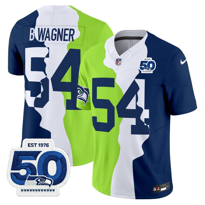Men's Seattle Seahawks #54 Bobby Wagner 50 Years Patch Teams Split Vapor FUSE Limited Stitched Jersey