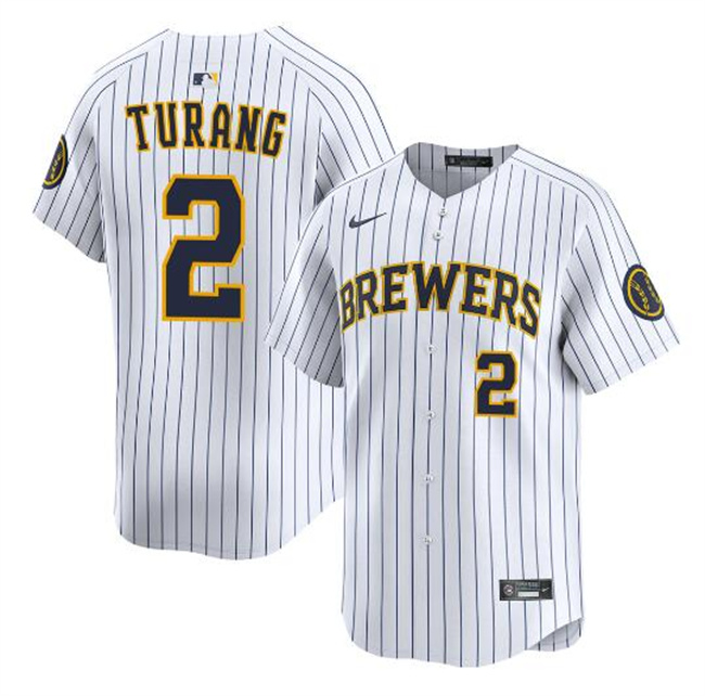 Men's Milwaukee Brewers #2 Brice Turang White Alternate Limited Stitched Baseball Jersey Men's Milwaukee Brewers #2 Brice Turang White Alternate Limited Stitched Baseball Jersey