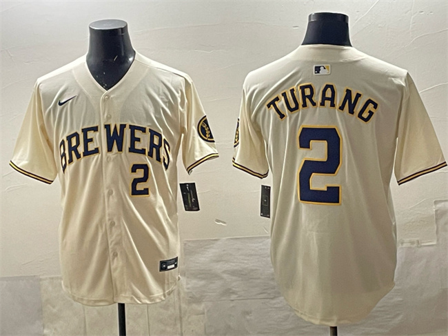 Men's Milwaukee Brewers #2 Brice Turang Cream Home Limited Stitched Baseball Jersey Men's Milwaukee Brewers #2 Brice Turang Cream Home Limited Stitched Baseball Jersey